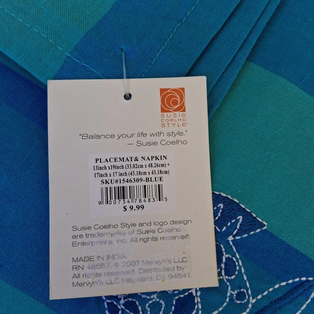 Susie Coelho Style Coastal Fish 2 Placemats 2 Napkins Set Blue Teal 2007 NWT